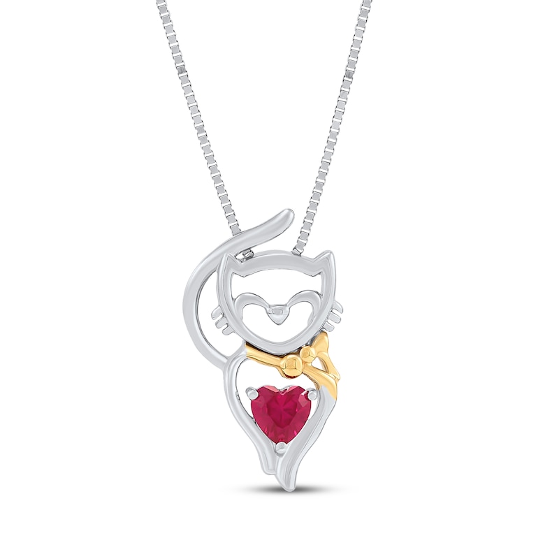 Main Image 1 of Heart-Shaped Lab-Created Ruby Cat Necklace Sterling Silver & 14K Yellow Gold 18"
