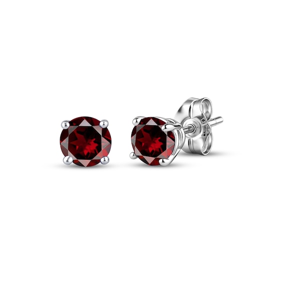 Garnet Solitaire Stud Earrings 14K White Gold