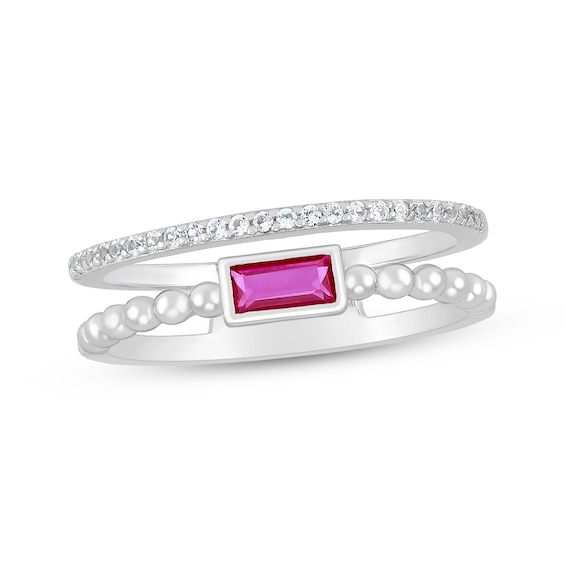 Baguette-Cut Lab-Created Ruby & White Lab-Created Sapphire Double-Band Ring Sterling Silver