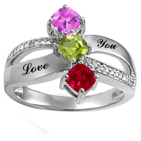 North South Triple Cushion Birthstone Family & Mother's Ring (1-3 Stones and 2 Lines)