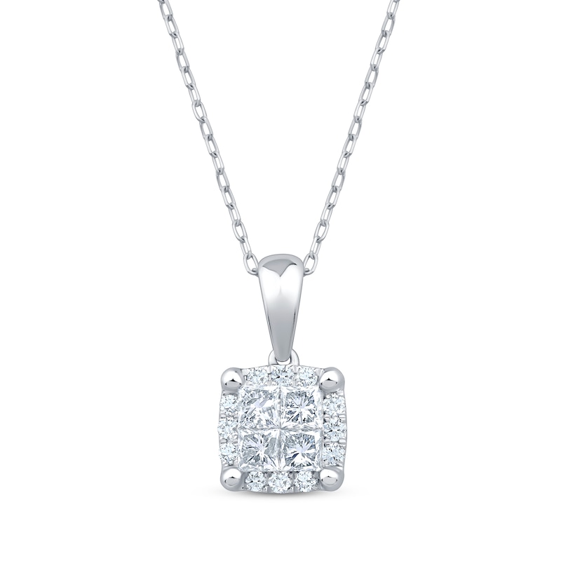 Main Image 1 of Princess-Cut Quad Diamond Cushion-Shaped Necklace 1 ct tw 10K White Gold 19"