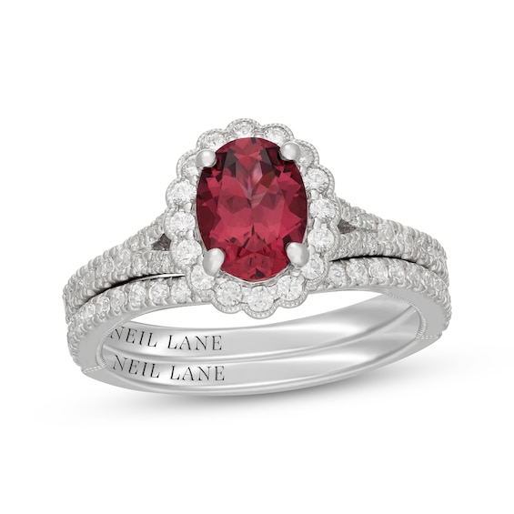 Neil Lane Oval-Cut Rhodolite Garnet & Diamond Scalloped Halo Bridal Set 5/8 ct tw 14K White Gold