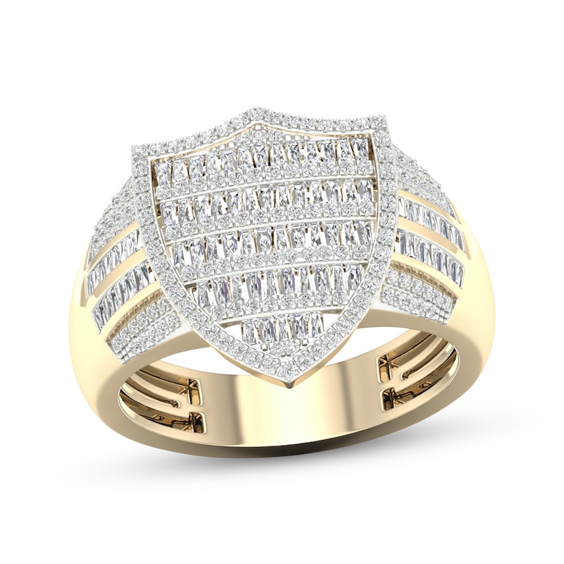 Main Image 1 of Men's Baguette & Round-Cut Diamond Shield Ring 1 ct tw 10K Yellow Gold