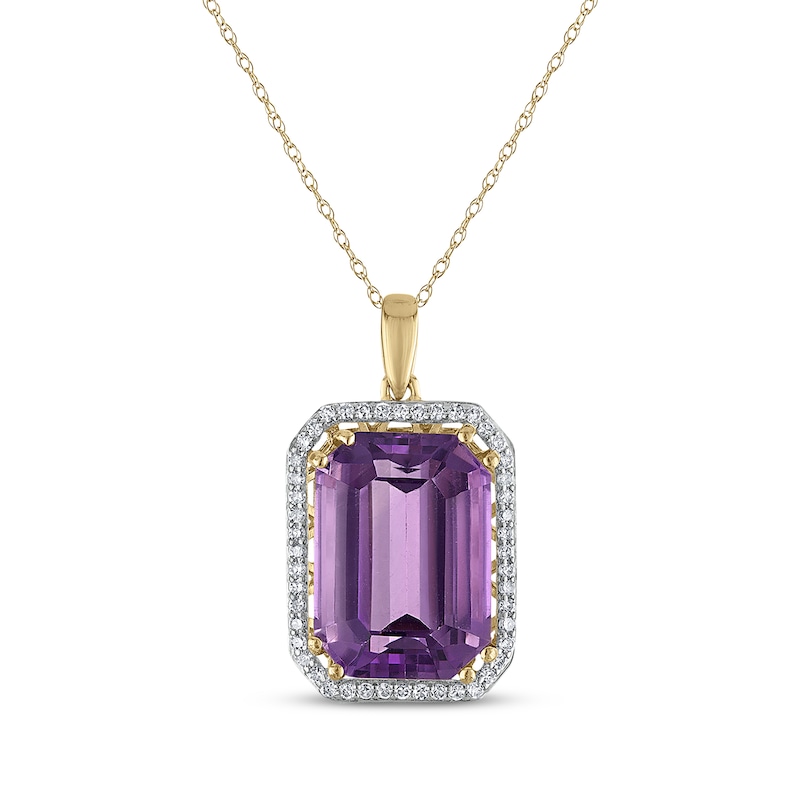 Main Image 1 of Emerald-Cut Amethyst & Diamond Frame Necklace 1/5 ct tw 14K Yellow Gold 18"