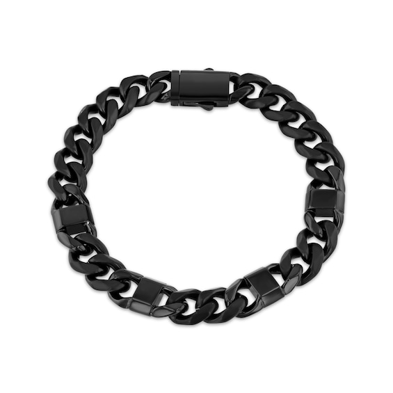 Men's Curb Chain Station Bracelet Black Ion-Plated Solid Stainless Steel 8.5"
