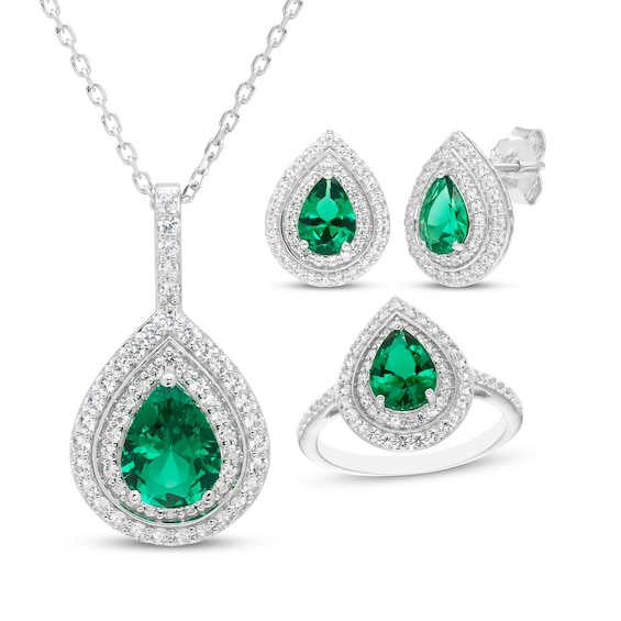 Pear-Shaped Lab-Created Emerald & White Sapphire Halo Gift Set Sterling Silver
