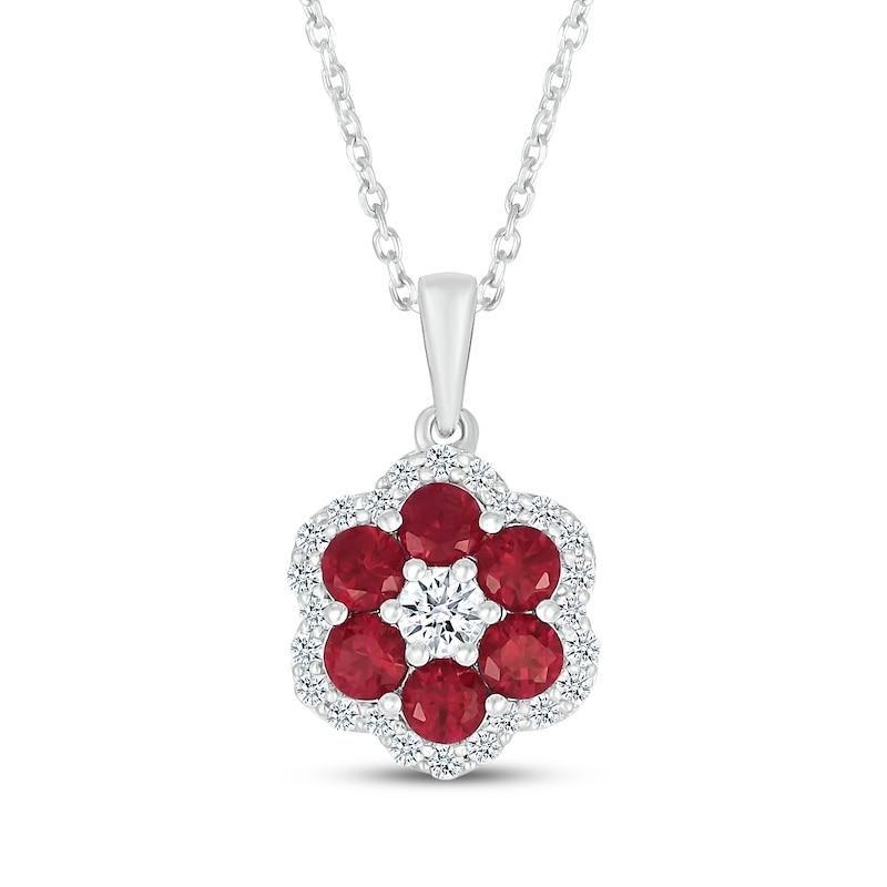 Main Image 1 of Lab-Created Ruby & White Lab-Created Sapphire Flower Necklace Sterling Silver 18"