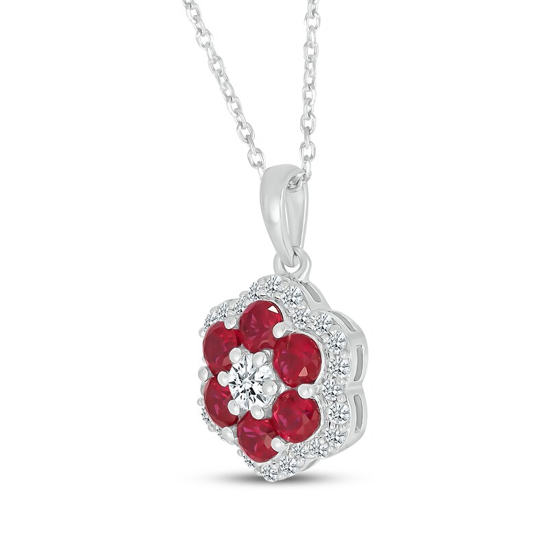 Main Image 2 of Lab-Created Ruby & White Lab-Created Sapphire Flower Necklace Sterling Silver 18"