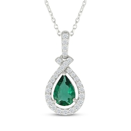 Pear-Shaped Lab-Created Emerald & White Lab-Created Sapphire Teardrop Necklace Sterling Silver 18"