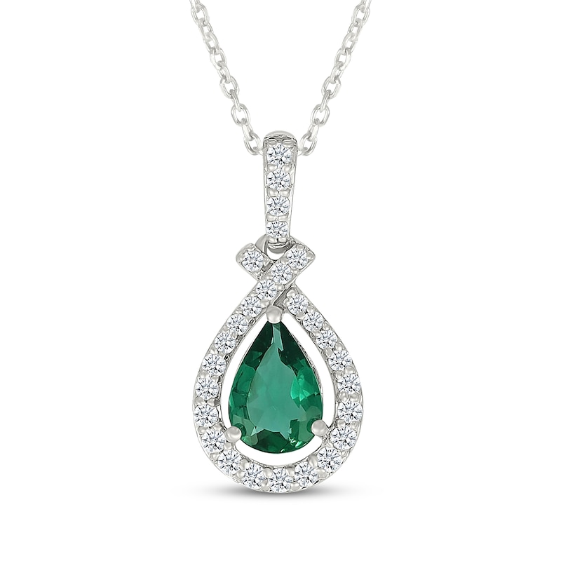 Main Image 1 of Pear-Shaped Lab-Created Emerald & White Lab-Created Sapphire Teardrop Necklace Sterling Silver 18"