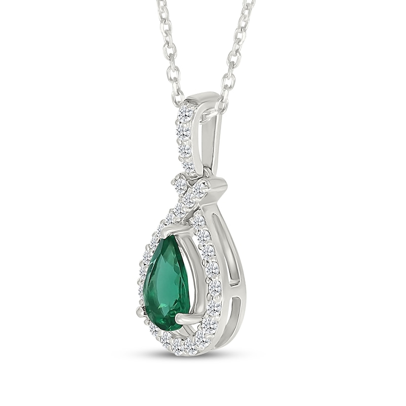 Main Image 2 of Pear-Shaped Lab-Created Emerald & White Lab-Created Sapphire Teardrop Necklace Sterling Silver 18"