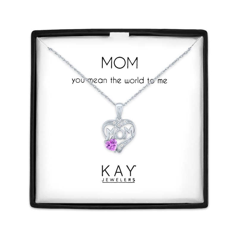 Main Image 1 of Heart-Shaped Pink Lab-Created Sapphire "Mom" Heart Necklace Sterling Silver 18"