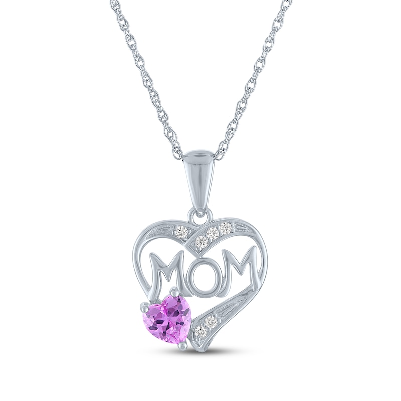 Main Image 2 of Heart-Shaped Pink Lab-Created Sapphire "Mom" Heart Necklace Sterling Silver 18"