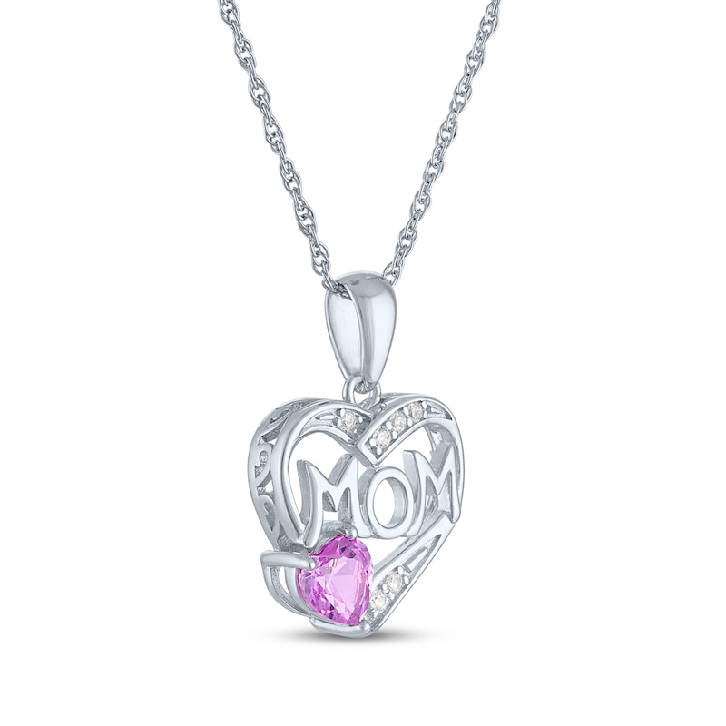 Main Image 3 of Heart-Shaped Pink Lab-Created Sapphire "Mom" Heart Necklace Sterling Silver 18"