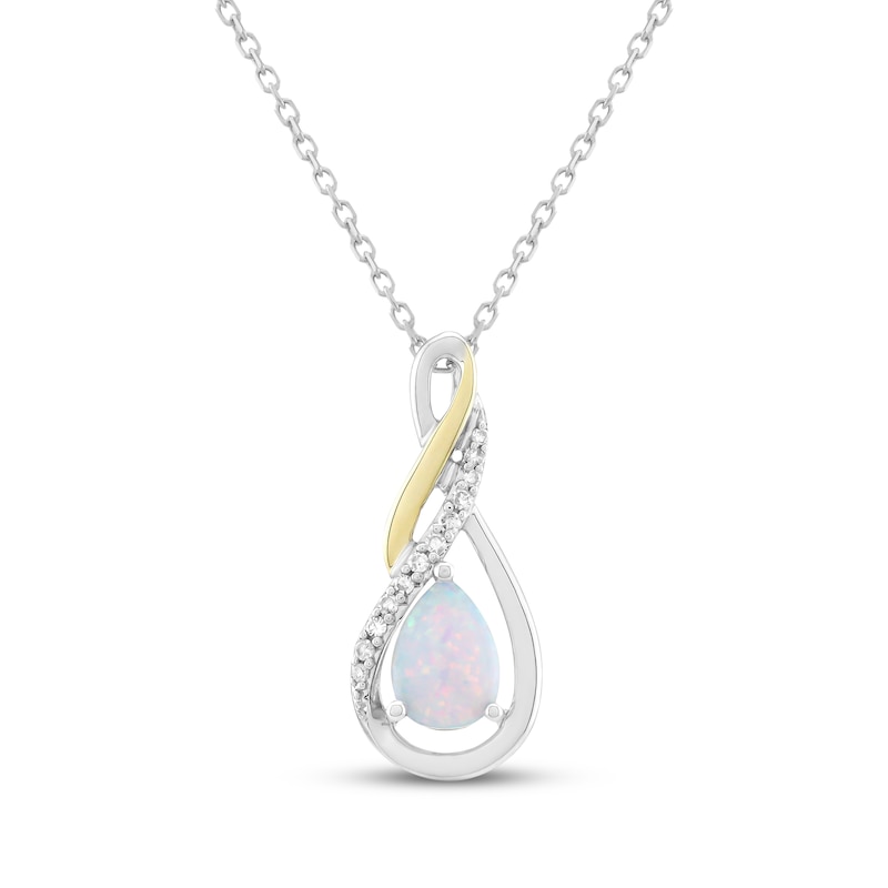 Main Image 1 of Pear-Shaped Lab-Created Opal & Diamond Swirling Teardrop Necklace 1/20 ct tw Sterling Silver & 10K Yellow Gold 18"
