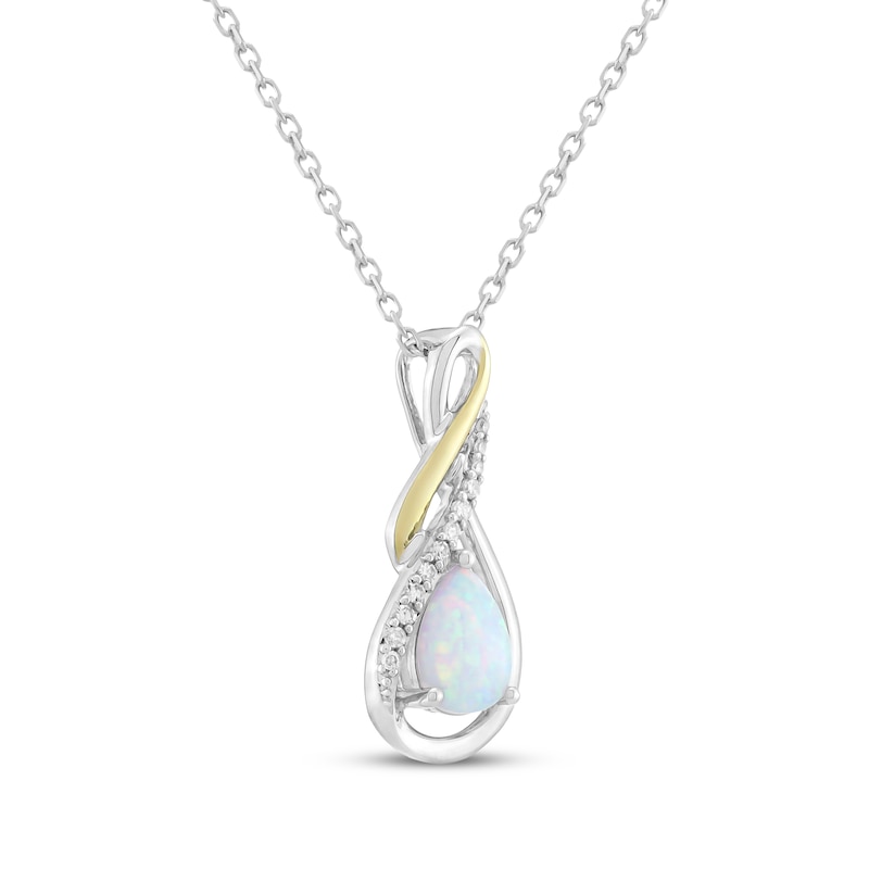Main Image 2 of Pear-Shaped Lab-Created Opal & Diamond Swirling Teardrop Necklace 1/20 ct tw Sterling Silver & 10K Yellow Gold 18"