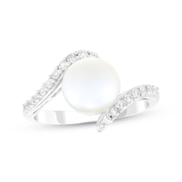 Cultured Pearl & White Lab-Created Sapphire Ring Sterling Silver