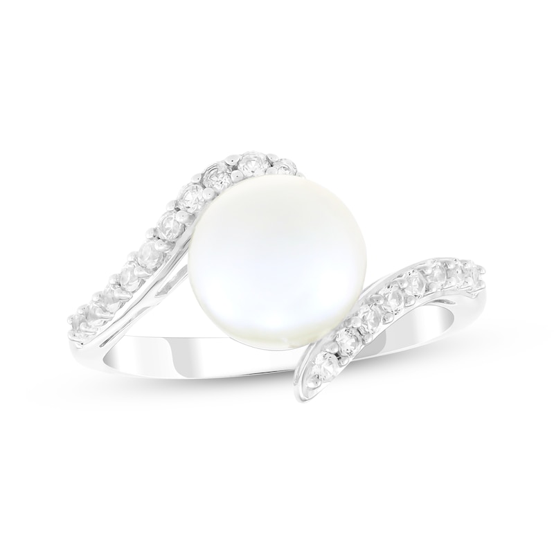Main Image 1 of Cultured Pearl & White Lab-Created Sapphire Ring Sterling Silver
