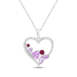 Multi-Shape Lab-Created Gemstone Scatter Heart Necklace Sterling Silver 18"