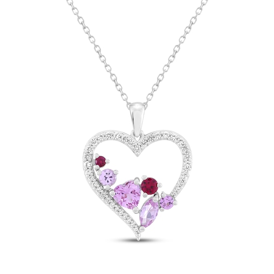 Multi-Shape Lab-Created Gemstone Scatter Heart Necklace Sterling Silver 18"