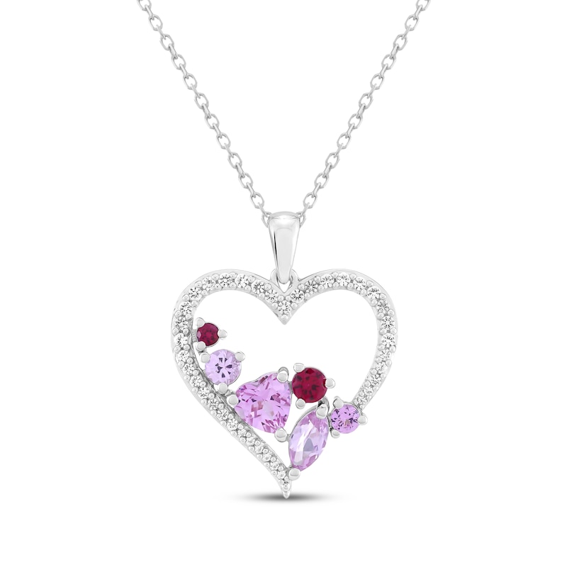 Main Image 1 of Multi-Shape Lab-Created Gemstone Scatter Heart Necklace Sterling Silver 18"