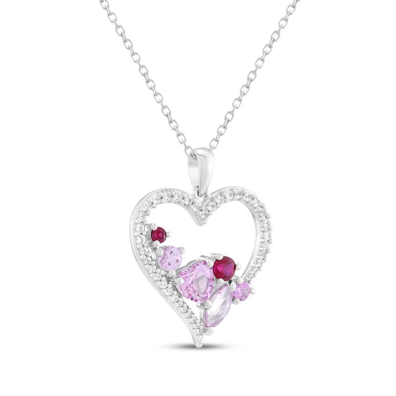 Main Image 2 of Multi-Shape Lab-Created Gemstone Scatter Heart Necklace Sterling Silver 18"