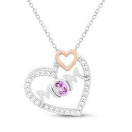 Pink & White Lab-Created Sapphire Heart "Mom" Necklace Sterling Silver & 10K Rose Gold 18"
