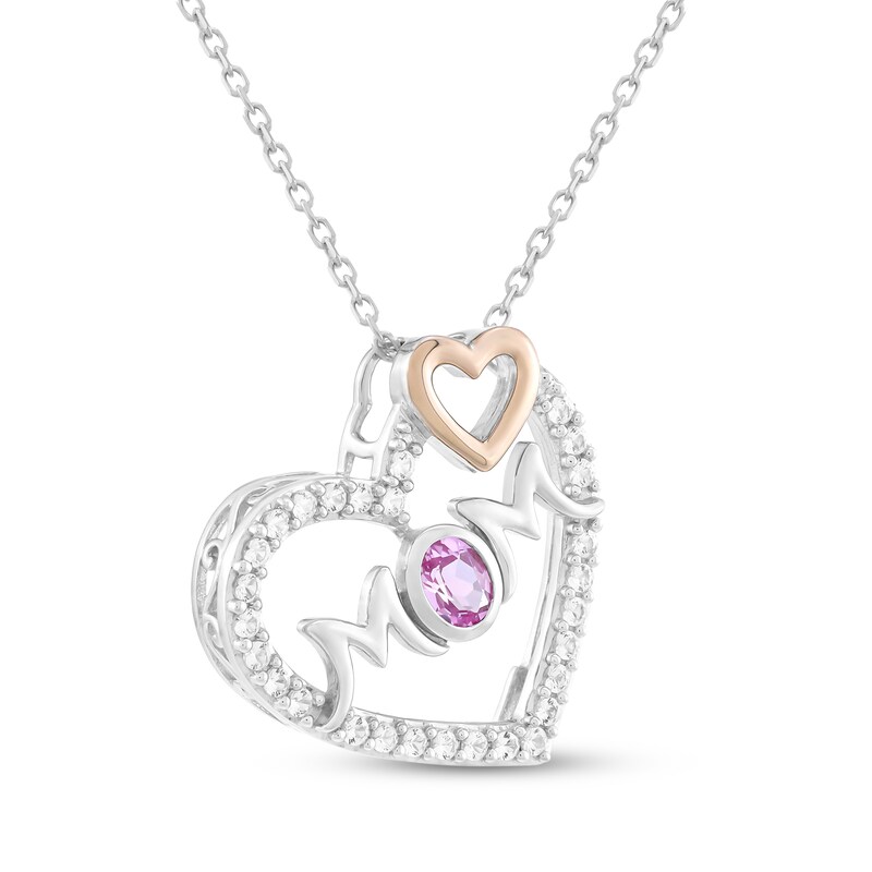 Main Image 2 of Pink & White Lab-Created Sapphire Heart "Mom" Necklace Sterling Silver & 10K Rose Gold 18"