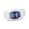 Thumbnail Image 1 of Men's Barrel-Cut Blue Lab-Created Sapphire & Diamond Accent Ring 10K White Gold