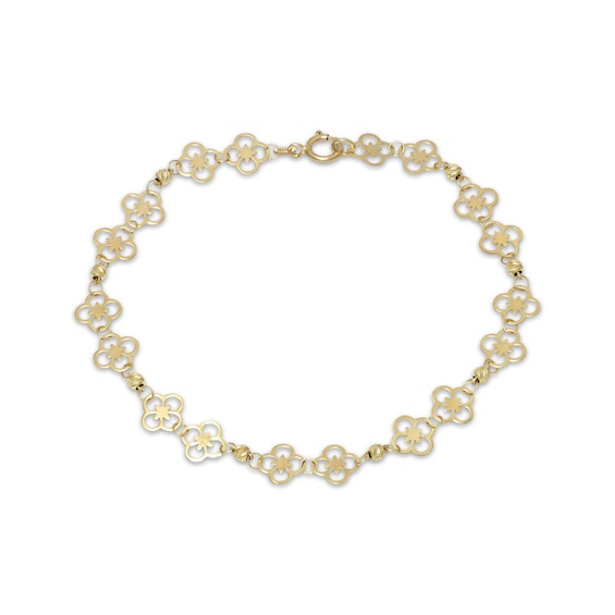 6.9mm Flower Link Chain & Bead Bracelet Solid 14K Yellow Gold 7.5"