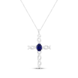 Oval-Cut Blue Lab-Created Sapphire & White Lab-Created Sapphire Twist Cross Necklace Sterling Silver 18"