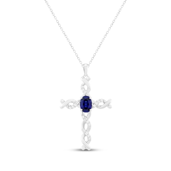 Oval-Cut Blue Lab-Created Sapphire & White Lab-Created Sapphire Twist Cross Necklace Sterling Silver 18"