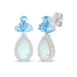 Pear-Shaped Lab-Created Opal, Pear-Shaped Swiss Blue Topaz & White Lab-Created Sapphire Drop Earrings Sterling Silver