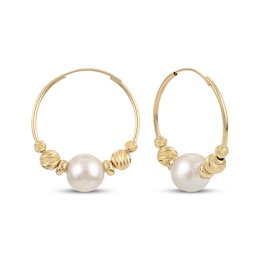 Cultured Pearl Hoop & Bead Earrings 10K Yellow Gold