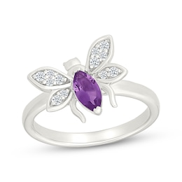 Marquise-Cut Amethyst & White Lab-Created Sapphire Bee Ring Sterling Silver