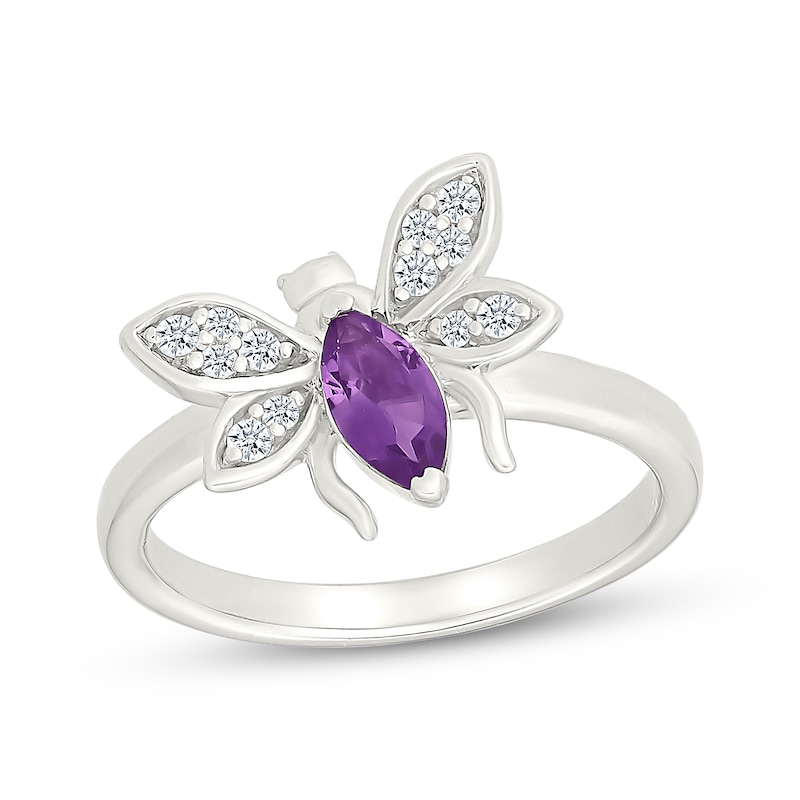 Main Image 1 of Marquise-Cut Amethyst & White Lab-Created Sapphire Bee Ring Sterling Silver