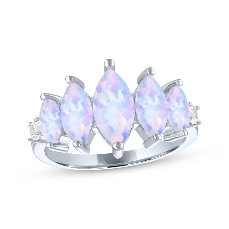 Main Image 1 of Marquise-Cut Lab-Created Opal & White Lab-Created Sapphire Five-Stone Ring Sterling Silver