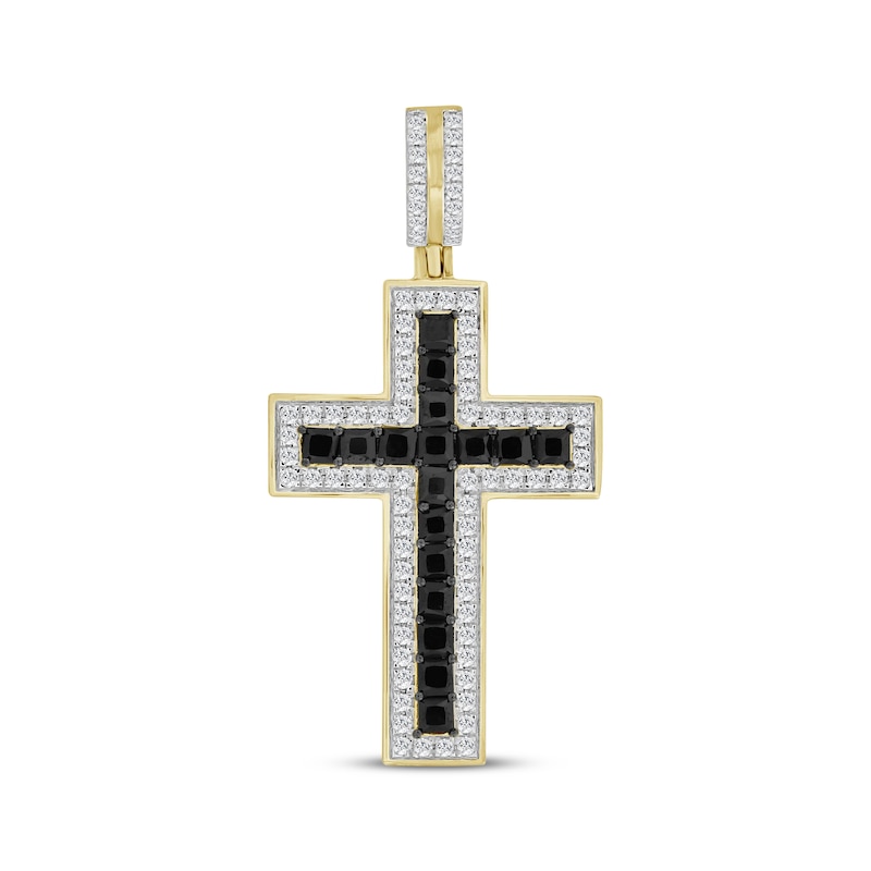 Main Image 1 of Square-Cut Black & White Diamond Cross Charm 3 ct tw 10K Yellow Gold