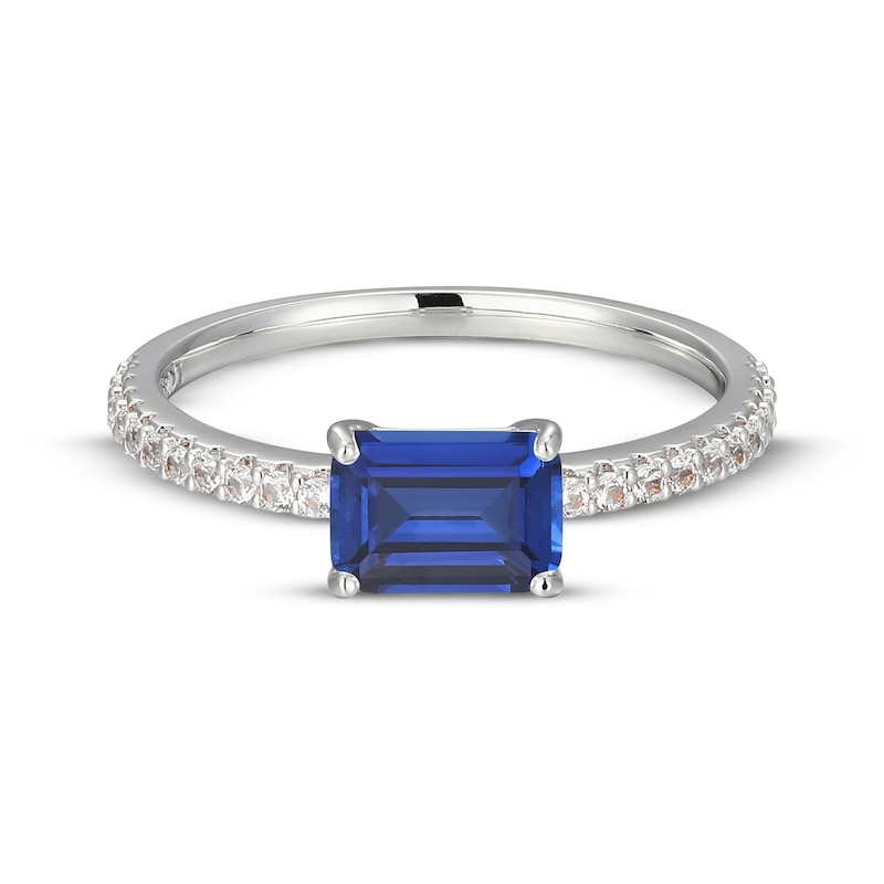 Main Image 3 of Emerald-Cut Blue Lab-Created Sapphire & White Lab-Created Sapphire East-West Ring Sterling Silver