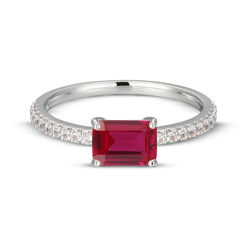 Main Image 3 of Emerald-Cut Lab-Created Ruby & White Lab-Created Sapphire East-West Ring Sterling Silver