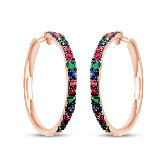 Le Vian Ruby, Emerald, Blue & Pink Sapphire Hoop Earrings 14K Strawberry Gold