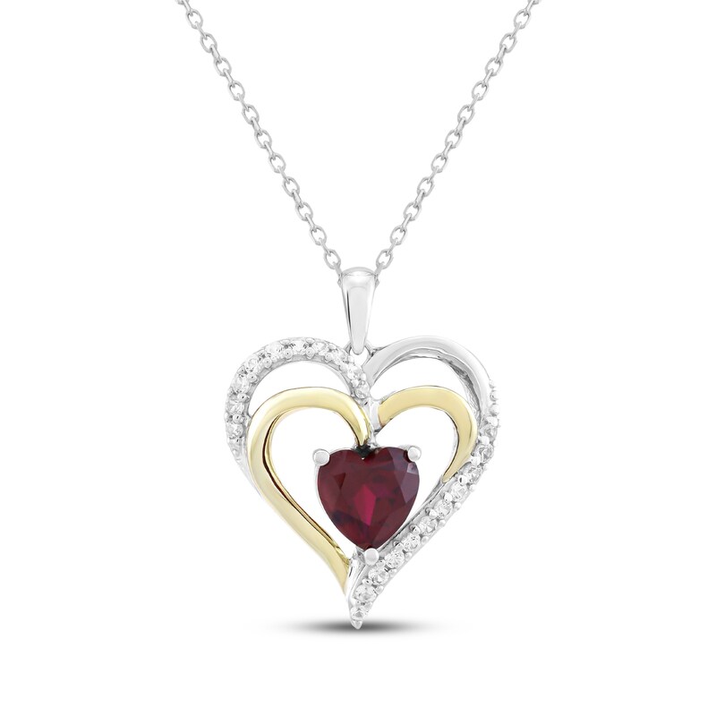 Main Image 1 of Heart-Shaped Lab-Created Ruby & White Lab-Created Sapphire Double Heart Frame Necklace Sterling Silver & 10K Yellow Gold 18"