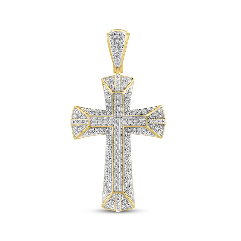 Main Image 1 of Men's Baguette & Round-Cut Diamond Flared Cross Charm 1/2 ct tw 10K Yellow Gold