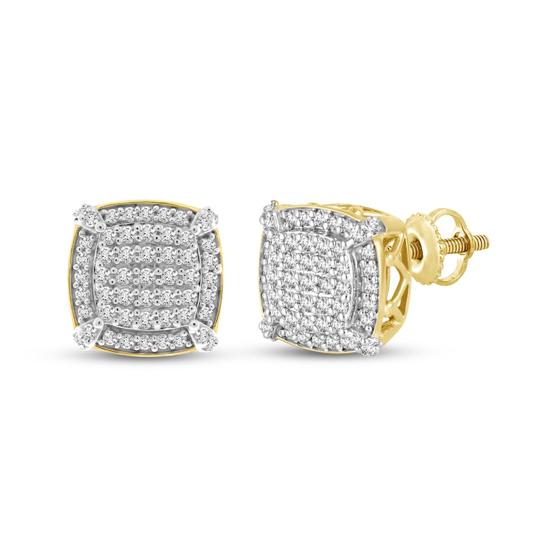 Main Image 1 of Men's Multi-Diamond Cushion-Shaped Stud Earrings 1/2 ct tw 10K Yellow Gold