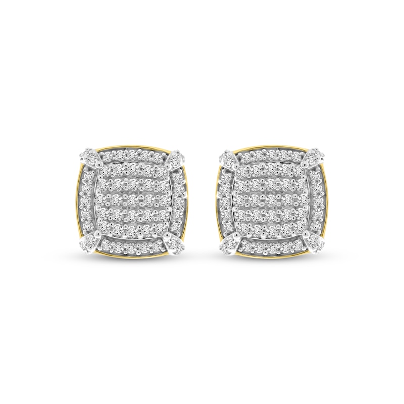 Main Image 2 of Men's Multi-Diamond Cushion-Shaped Stud Earrings 1/2 ct tw 10K Yellow Gold