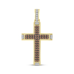 Men's Brown & White Diamond Cross 2 ct tw 10K Yellow Gold