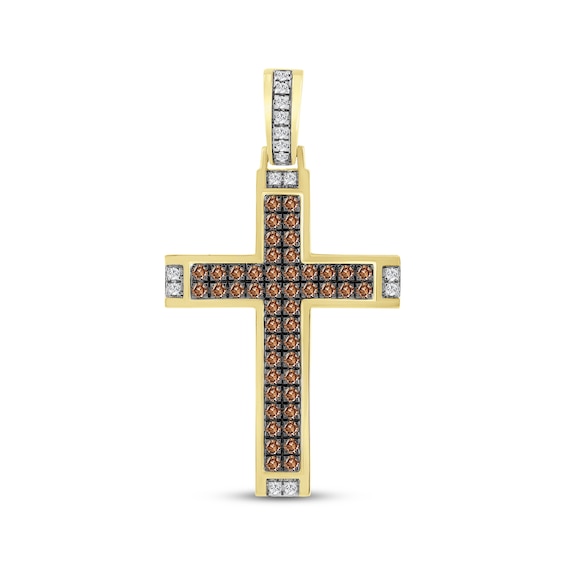 Men's Brown & White Diamond Cross 2 ct tw 10K Yellow Gold