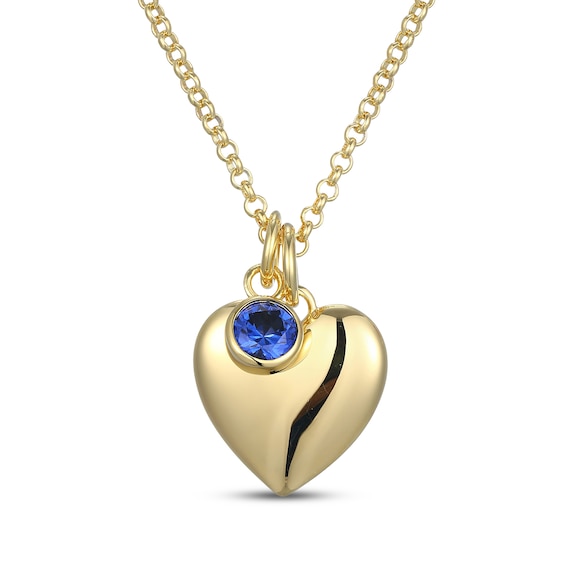 Blue Lab-Created Sapphire & Puff Heart Charm Toggle Necklace 24K Yellow Gold Vermeil Sterling Silver 18"