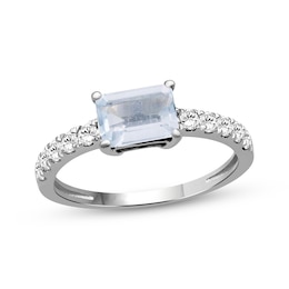 Emerald-Cut Aquamarine & White Lab-Created Sapphire Ring Sterling Silver