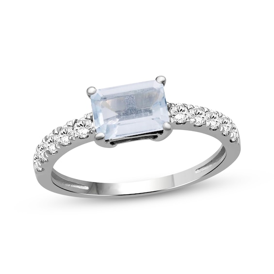 Emerald-Cut Aquamarine & White Lab-Created Sapphire Ring Sterling Silver